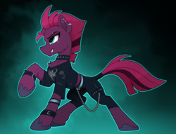 Size: 2200x1685 | Tagged: safe, artist:yakovlev-vad, fizzlepop berrytwist, tempest shadow, pony, unicorn, g4, abstract background, broken horn, chains, choker, clothes, ear piercing, eye scar, female, horn, mare, metal, piercing, punk rock, punk rock outfit, raised hoof, scar, scar on the wrong side, slender, solo, spiked choker, thin
