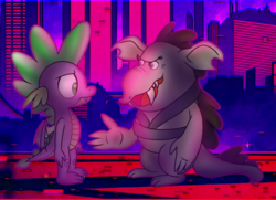 Size: 2000x1444 | Tagged: safe, artist:mysteriousshine, spike, dragon, grootslang, g4, g5, leak, duo, male, neon city