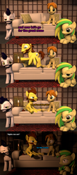 Size: 678x1524 | Tagged: safe, artist:sky chaser, mandopony, oc, oc:shadow chaser, oc:sky chaser, oc:wooden toaster, earth pony, pegasus, pony, 3d, candle, comic, dialogue, lights out, sitting, source filmmaker