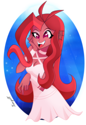 Size: 2448x3564 | Tagged: safe, artist:xan-gelx, oc, oc only, oc:mezma, siren, equestria girls, g4, birthday art, breasts, cleavage, clothes, dress, female, happy, happy birthday, high res, open mouth, siren oc, sleeveless, smiling, solo