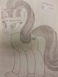 Size: 2448x3264 | Tagged: safe, artist:darkobsidian, starlight glimmer, pony, unicorn, g4, equal cutie mark, equality, female, high res, mare, monochrome, pencil drawing, simple background, sketch, smiling, solo, traditional art, white background