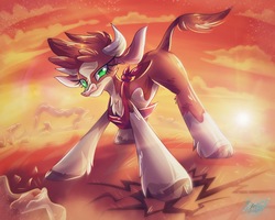 Size: 2500x2000 | Tagged: safe, artist:alexbluebird, arizona (tfh), cow, them's fightin' herds, bandana, community related, female, high res, smiling, solo, speedpaint available, sunset