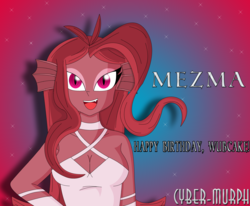 Size: 3800x3136 | Tagged: safe, artist:cyber-murph, oc, oc:mezma, siren, equestria girls, g4, bedroom eyes, birthday gift, breasts, cleavage, clothes, dress, earfins, high res, signature, wubcake