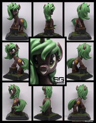 Size: 2132x2718 | Tagged: safe, artist:prodius, oc, oc only, oc:pine shine, pony, unicorn, boots, both cutie marks, craft, female, figurine, grass, high res, hiking boots, irl, photo, sculpey, sculpture, shoes, show accurate, smiling, solo, traditional art, tree stump