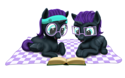 Size: 1920x1197 | Tagged: safe, artist:vasillium, oc, oc only, oc:nox (rule 63), oc:nyx, alicorn, pony, adorkable, alicorn oc, blank flank, blanket, book, brother, brother and sister, colt, cute, diabetes, disguise, dork, ears up, egghead, family, female, filly, glasses, happy, headband, lying down, male, mare, nostrils, nyxabetes, open book, open mouth, prince, princess, r63 paradox, reading, reading glasses, royalty, rule 63, rule63betes, self paradox, self ponidox, selfcest, shipping, shipping fuel, siblings, simple background, sister, stallion, straight, transparent background, wall of tags