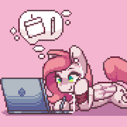 Size: 540x540 | Tagged: safe, artist:stockingshot56, oc, oc only, oc:sugar morning, pegasus, pony, animated, commission, computer, drawing, drawing tablet, gif, laptop computer, loop, pegasus oc, pixel art, prone, solo, tablet
