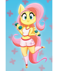 Size: 1447x1768 | Tagged: safe, artist:ikarooz, fluttershy, pegasus, anthro, g4, :t, belly button, clothes, cute, cutie mark background, dumbbells, exercise, female, headband, looking at you, mare, midriff, shorts, shyabetes, smiling, solo, spread wings, wings, workout outfit, wristband
