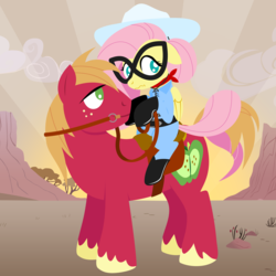 Size: 2000x2000 | Tagged: safe, alternate version, anonymous artist, big macintosh, fluttershy, earth pony, pony, g4, ascot, bit, boots, clothes, cowboy hat, desert, female, gloves, hair bun, hat, high res, hoof hold, intertwined tails, lineless, male, mare, mask, ponies riding ponies, reins, riding, saddle, ship:fluttermac, shipping, shoes, stallion, straight, sunset, tack, the lone ranger, wavy mouth
