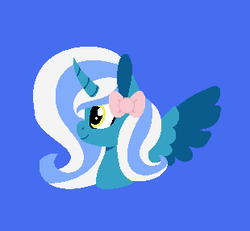 Size: 310x287 | Tagged: safe, artist:heartpawphoenix, oc, oc only, oc:fleurbelle, alicorn, pony, adorabelle, alicorn oc, blue background, bow, bust, cute, happy, ocbetes, pink ribbon, simple background, smiling, solo, sweet, wings, yellow eyes