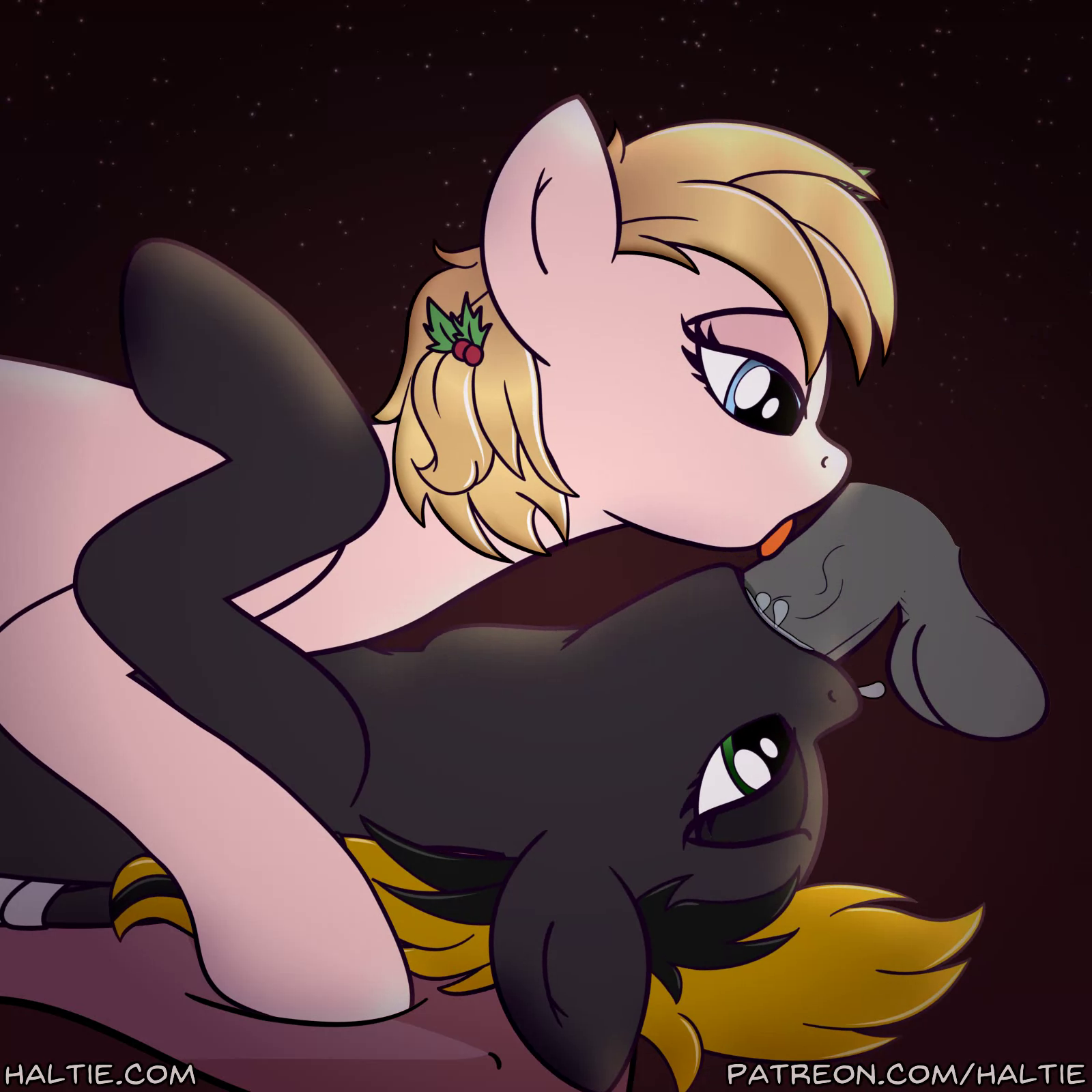 1976809 - explicit, artist:haltie, oc, oc only, oc:shade demonshy,  oc:sweetiemilk, pony, animated, blowjob, bystander blowjob, caption,  commission, coughing, cum, cum in mouth, cum out nose, cum string,  deepthroat, dialogue, disembodied penis, double