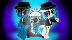 Size: 3840x2160 | Tagged: safe, artist:agkandphotomaker2000, dj pon-3, vinyl scratch, oc, oc:pony video maker, pegasus, pony, unicorn, g4, bipedal, bipedal leaning, bit, blues brothers, canon x oc, clothes, coin, duo, female, high res, jukebox, leaning, male, pop culture, reference, sunglasses, videoscratch