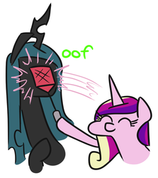 Size: 538x603 | Tagged: safe, artist:jargon scott, princess cadance, queen chrysalis, alicorn, changeling, changeling queen, pony, g4, abuse, bugs doing bug things, c:, chrysabuse, eyes closed, female, flyswatter, hoof hold, mare, oof, punishment, simple background, smiling, white background