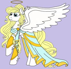 Size: 1560x1512 | Tagged: safe, artist:rosefang16, oc, oc only, oc:heavenly radiance, angel, pegasus, pony, blue background, clothes, dress, female, fluffy, halo, leg fluff, mare, raised hoof, simple background, solo, wing fluff