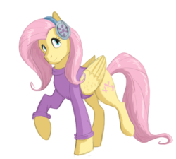 Size: 1000x900 | Tagged: safe, artist:moosetheartist, fluttershy, pegasus, pony, g4, bottomless, clothes, earmuffs, female, fluttershy's purple sweater, folded wings, looking at you, mare, partial nudity, raised hoof, raised leg, simple background, smiling, solo, standing, sweater, sweatershy, three quarter view, transparent background, wings, winter outfit