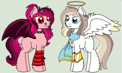 Size: 1548x920 | Tagged: safe, artist:rosefang16, oc, oc only, oc:golden glow, oc:primrose flare, angel, angel pony, demon, demon pony, original species, pony, bat wings, chest fluff, choker, clothes, devil horns, duo, ear piercing, earring, eyeshadow, female, fluffy, gray background, halo, horns, jewelry, leg fluff, makeup, mare, necklace, nose piercing, nose ring, parent:oc:heavenly radiance, parent:oc:winter's howl, parents:oc x oc, piercing, scarf, siblings, simple background, sisters, socks, spiked choker, striped socks, wing fluff, wings