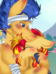 Size: 768x1024 | Tagged: safe, artist:purelightsparkle, flash sentry, sunset shimmer, pony, g4, female, male, ship:flashimmer, shipping, straight