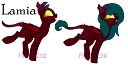 Size: 1244x642 | Tagged: safe, artist:firefox238, artist:lullabyprince, oc, oc only, oc:lamia (ice1517), demon, demon pony, pony, succubus, base used, bat wings, fangs, female, horns, mare, markings, open mouth, raised hoof, simple background, solo, transparent background, wings