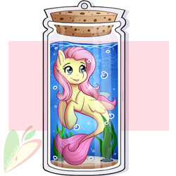 Size: 590x590 | Tagged: safe, artist:nana-yuka, fluttershy, pegasus, pony, seapony (g4), g4, bubble, crepuscular rays, cute, dorsal fin, female, fin, fin wings, fins, fish tail, flowing mane, flowing tail, green eyes, jar, mare, ocean, pink mane, pink tail, pony in a bottle, seaponified, seapony fluttershy, seaweed, shyabetes, smiling, solo, species swap, sunlight, swimming, tail, teeth, underwater, water, wings