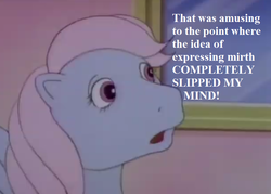 Size: 777x555 | Tagged: safe, edit, edited screencap, editor:korora, screencap, wind whistler, pegasus, pony, g1, my little pony 'n friends, sweet stuff and the treasure hunt, cropped, dialogue, dude not funny (reaction image), female, mare, reaction image, sesquipedalian loquaciousness, unamused, wind whistler is not amused