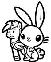 Size: 166x200 | Tagged: safe, artist:crazyperson, angel bunny, pony, rabbit, unicorn, fallout equestria, fallout equestria: commonwealth, g4, animal, black and white, clothes, duo, fanfic, fanfic art, generic pony, grayscale, hooves, horn, jumpsuit, male, monochrome, picture for breezies, simple background, solo, stallion, transparent background, vault suit