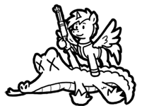 Size: 201x150 | Tagged: safe, artist:crazyperson, oc, oc only, alicorn, alligator, pony, fallout equestria, fallout equestria: commonwealth, alicorn oc, black and white, clothes, dead, death, fanfic, fanfic art, generic pony, grayscale, gun, hoof hold, hooves, horn, jumpsuit, male, monochrome, picture for breezies, simple background, solo, spread wings, stallion, tongue out, transparent background, vault suit, weapon, wings, x eyes