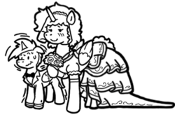 Size: 300x200 | Tagged: safe, artist:crazyperson, oc, oc only, alicorn, pony, unicorn, fallout equestria, fallout equestria: commonwealth, alicorn oc, black and white, blushing, bowtie, clothes, dress, fanfic, fanfic art, female, floppy ears, flower, generic pony, grayscale, hooves, horn, male, mare, marriage, monochrome, nervous, simple background, smiling, solo, stallion, transparent background, wedding dress