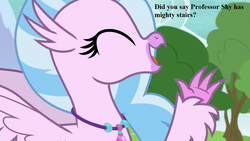 Size: 1280x720 | Tagged: safe, edit, edited screencap, editor:korora, screencap, silverstream, g4, non-compete clause, cute, dialogue, diastreamies, implied fluttershy, jewelry, necklace, pun, tree