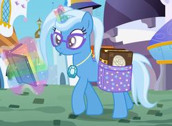 Size: 1436x1056 | Tagged: safe, artist:razorbladetheunicron, trixie, pony, unicorn, lateverse, g4, alternate hairstyle, alternate universe, aura, base used, book, canterlot, female, gem, glasses, jewelry, levitation, magic, mare, necklace, rainbow, rainbow magic aura, saddle bag, solo, studying, telekinesis