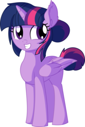 Size: 5437x8128 | Tagged: safe, artist:aureai-sketches, artist:cyanlightning, twilight sparkle, alicorn, pony, g4, .svg available, absurd resolution, alternate hairstyle, ear fluff, female, folded wings, hair bun, i can't believe it's not sci-twi, looking back, mare, nervous, simple background, solo, transparent background, twilight sparkle (alicorn), vector, wings