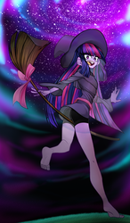 Size: 2834x4861 | Tagged: safe, artist:schokocream, twilight sparkle, equestria girls, g4, barefoot, broom, feet, female, grass, hat, legs, little witch academia, solo, toes, witch hat
