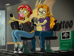 Size: 3490x2659 | Tagged: safe, artist:oinktweetstudios, adagio dazzle, sunset shimmer, equestria girls, g4, my little pony equestria girls: rainbow rocks, bubblegum, clothes, converse, female, food, gum, high res, shoes, sitting, sneakers, tattoo