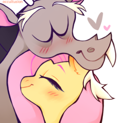 Size: 900x900 | Tagged: safe, artist:onionpwder, discord, fluttershy, draconequus, pony, g4, blushing, bust, cute, discute, duo, ear fluff, eyes closed, female, heart, male, portrait, profile, ship:discoshy, shipping, shyabetes, simple background, straight, transparent background