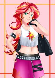 Size: 1681x2378 | Tagged: safe, artist:meielf, sunset shimmer, human, equestria girls, g4, beautiful, belly button, clothes, cute, female, jacket, leather jacket, looking at you, midriff, miniskirt, pixiv, shimmerbetes, skirt, solo