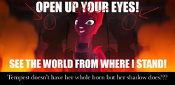 Size: 1949x954 | Tagged: safe, edit, edited screencap, screencap, tempest shadow, pony, g4, my little pony: the movie, arrow, circles, error, female, fire, open up your eyes, shadow, sin, slowpoke, solo