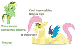 Size: 1280x781 | Tagged: safe, artist:didgereethebrony, discord, oc, oc:didgeree, pony, g4, awkward, clothes, costume, dialogue, fluttershy suit, owo, simple background, transparent background, uncomfortable