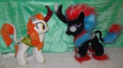 Size: 2560x1413 | Tagged: safe, artist:crazyditty, autumn blaze, kirin, nirik, g4, duo, irl, looking at each other, looking at someone, photo, plushie