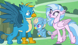 Size: 1024x596 | Tagged: safe, artist:comet-swirls, gallus, silverstream, oc, classical hippogriff, hippogriff, hippogriffon, hybrid, g4, base used, family, female, interspecies, interspecies offspring, male, offspring, older, older gallus, older silverstream, parent:gallus, parent:silverstream, parents:gallstream, ship:gallstream, shipping, smiling, straight, trio