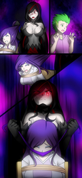 Size: 1280x2787 | Tagged: source needed, safe, artist:jonfawkes, rarity, spike, oc, oc:diamonrare, human, series:spike meets the clones, g4, arm behind back, breasts, cleavage, cloth gag, comic, gag, hair pulling, hands behind back, human spike, humanized, mouth hold, simple background, strapless, textless, tied to chair, tied up