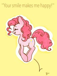 Size: 1536x2048 | Tagged: dead source, safe, artist:zoomiso, pinkie pie, earth pony, pony, g4, cute, cutie mark, daaaaaaaaaaaw, diapinkes, eyes closed, featured image, female, mare, outline, positive ponies, profile, pronking, signature, simple background, skipping, smiling, solo, text, yellow background