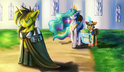 Size: 1600x928 | Tagged: safe, artist:tillie-tmb, princess celestia, oc, oc:tempest, pony, unicorn, g4, cloak, clothes, magic, saddle bag, scroll