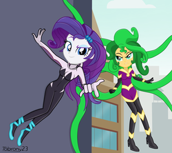 Size: 4500x4000 | Tagged: safe, artist:tabrony23, mane-iac, rarity, sunset shimmer, equestria girls, g4, absurd resolution, crossover, devil horns, duo, duo female, female, gwen stacy, marvel, show accurate, spider-gwen, superhero