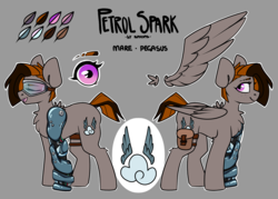 Size: 2800x2000 | Tagged: safe, artist:spoopygander, oc, oc only, oc:petrol spark, pegasus, pony, amputee, augmented, bag, chest fluff, cutie mark, eyebrows, eyelashes, eyes closed, female, freckles, goggles, high res, mare, multicolored hair, prosthetic leg, prosthetic limb, prosthetics, reference sheet, short hair, smiling, text, wings
