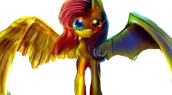Size: 1280x713 | Tagged: safe, fluttershy, bat pony, pegasus, pony, g4, bat ponified, blue eye, duality, female, flutterbat, fusion, heterochromia, looking at you, mare, race swap, red eye, simple background, solo, spread wings, transparent background, wings
