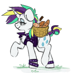 Size: 2377x2414 | Tagged: safe, artist:spoopygander, rarity, pony, unicorn, g4, alternate hairstyle, basket, chest fluff, clothes, female, food, high res, horn, jacket, lidded eyes, mare, mohawk, multicolored hair, profile, punk, raised hoof, raripunk, smiling, solo, spiked wristband, walking, wristband