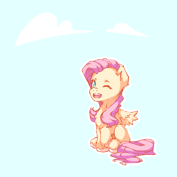 Size: 4184x4174 | Tagged: safe, artist:anna-cacilie, fluttershy, pegasus, pony, g4, chest fluff, cute, female, fluffy, looking at you, mare, missing cutie mark, one eye closed, open mouth, raised hoof, shyabetes, simple background, sitting, smiling, solo, spread wings, three quarter view, unshorn fetlocks, white background, wings, wink