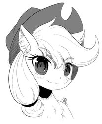 Size: 570x690 | Tagged: safe, artist:phoenixperegrine, applejack, earth pony, pony, g4, black and white, bust, cowboy hat, ear fluff, female, grayscale, hat, mare, monochrome, simple background, solo, white background