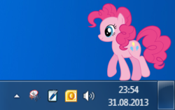 Size: 1128x708 | Tagged: safe, artist:fluttershy_z, pinkie pie, earth pony, pony, g4, clock, female, mare, microsoft windows, solo, taskbar, walking, windows 7