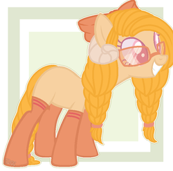 Size: 718x710 | Tagged: safe, artist:harusocoma, oc, oc only, earth pony, pony, bow, clothes, female, glasses, hair bow, horns, mare, socks, solo