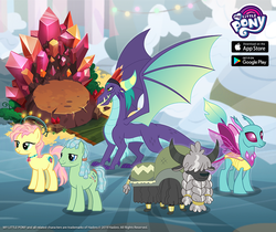 Size: 940x788 | Tagged: safe, gameloft, beachcomber (g4), gaius, high tide (g4), spiracle, yona's grandpa, changedling, changeling, dragon, earth pony, pony, yak, g4, official, the hearth's warming club, braided beard, cloven hooves, facebook, female, google play, male, mare, stallion