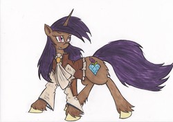 Size: 3488x2460 | Tagged: safe, artist:zubias, oc, oc only, oc:lilac prism, pony, unicorn, fallout equestria, fallout equestria: trailblazers, clothes, fanfic art, female, high res, mare, solo, traditional art